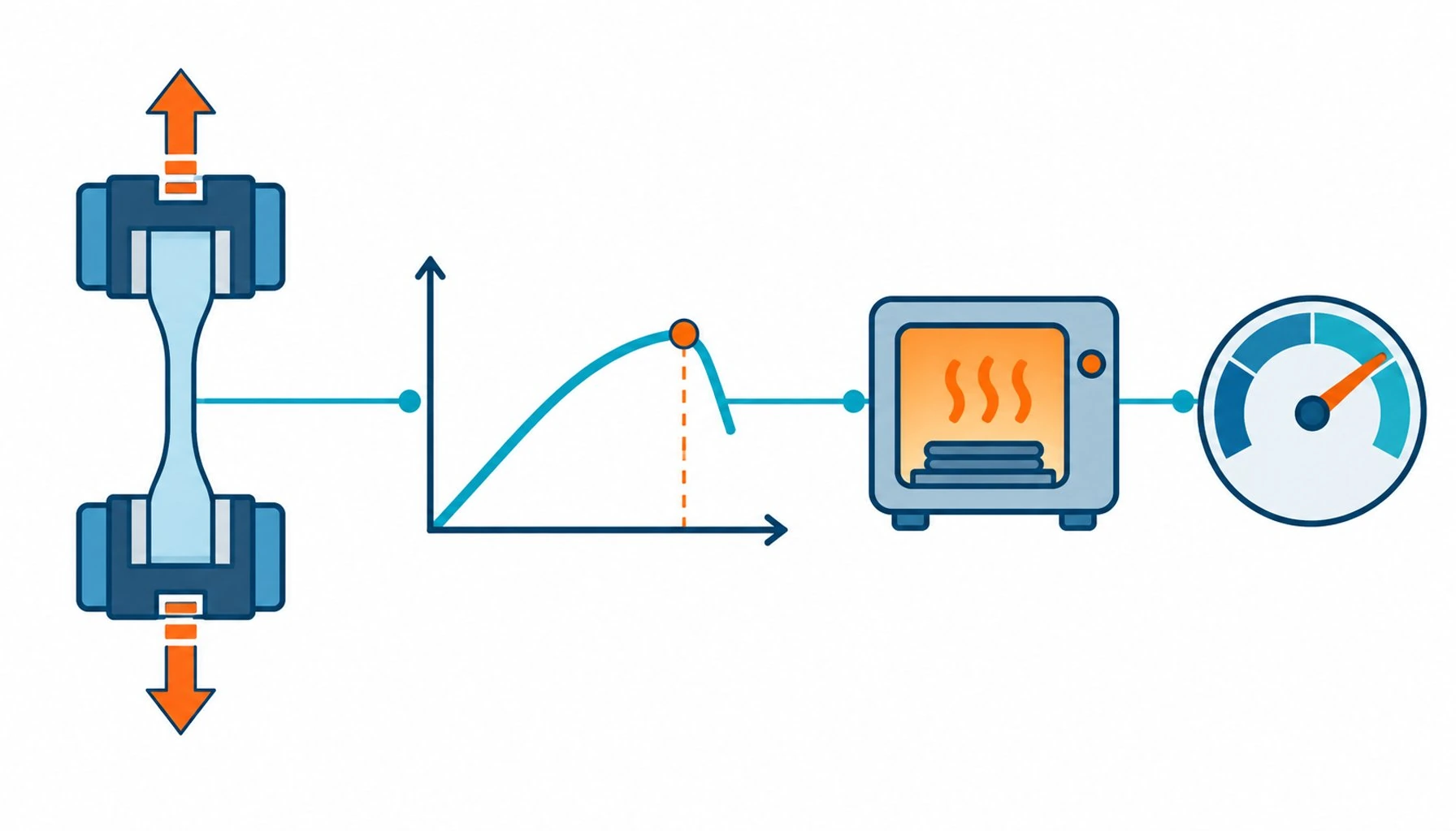Flat infographic of a tensile test from specimen to stress curve beside an oven ageing icon and a retention percentage dial