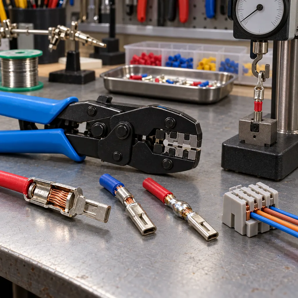 A harness bench with a calibrated crimping tool, a cut-away crimped contact showing conductor and insulation barrels, a soldered joint and an IDC block side by side, pull-off force gauge beside them, workshop lighting, no readable text, no labels