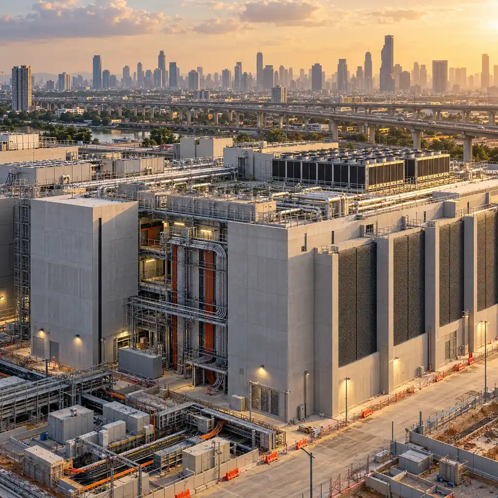 Data center construction in Bangkok with power infrastructure and cable trays in view