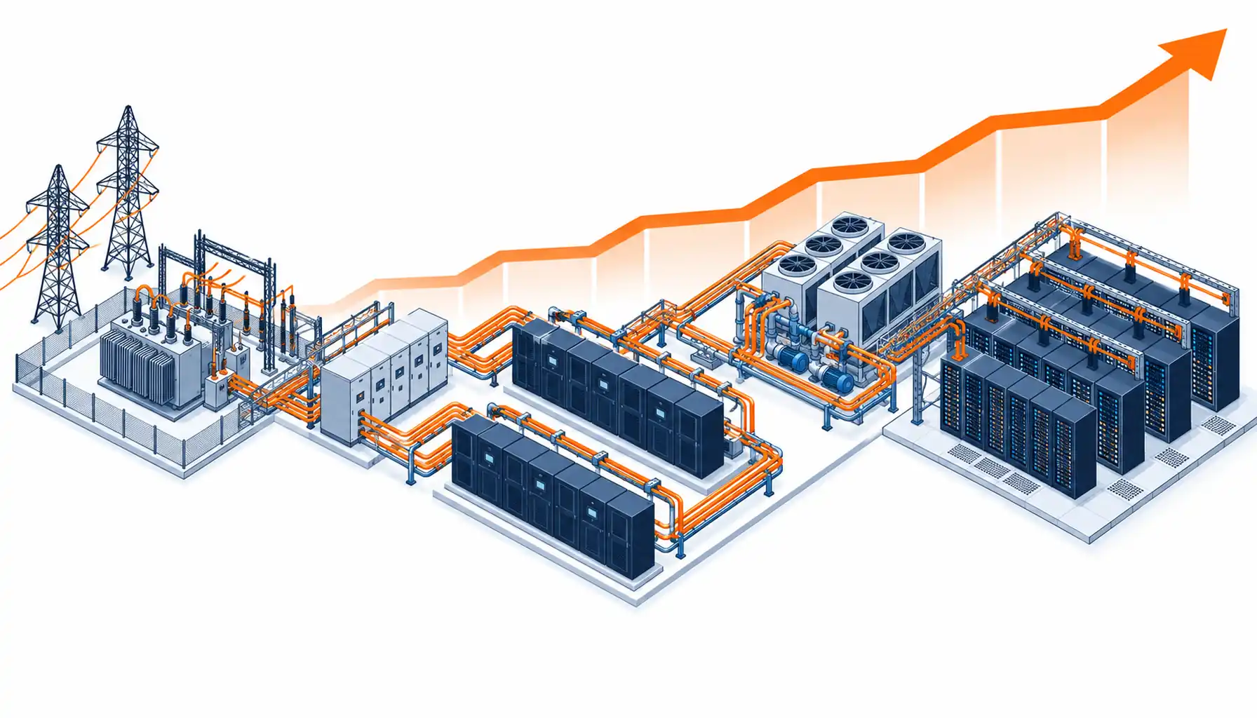 Isometric illustration of a Bangkok data hall power chain from intake through UPS redundancy to racks with a growth pipeline arrow behind
