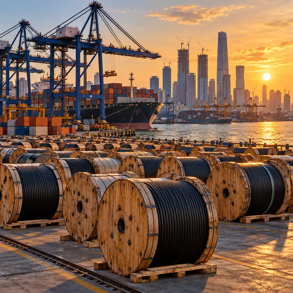Cable drums stacked at a busy Southeast Asian port with construction cranes on the skyline