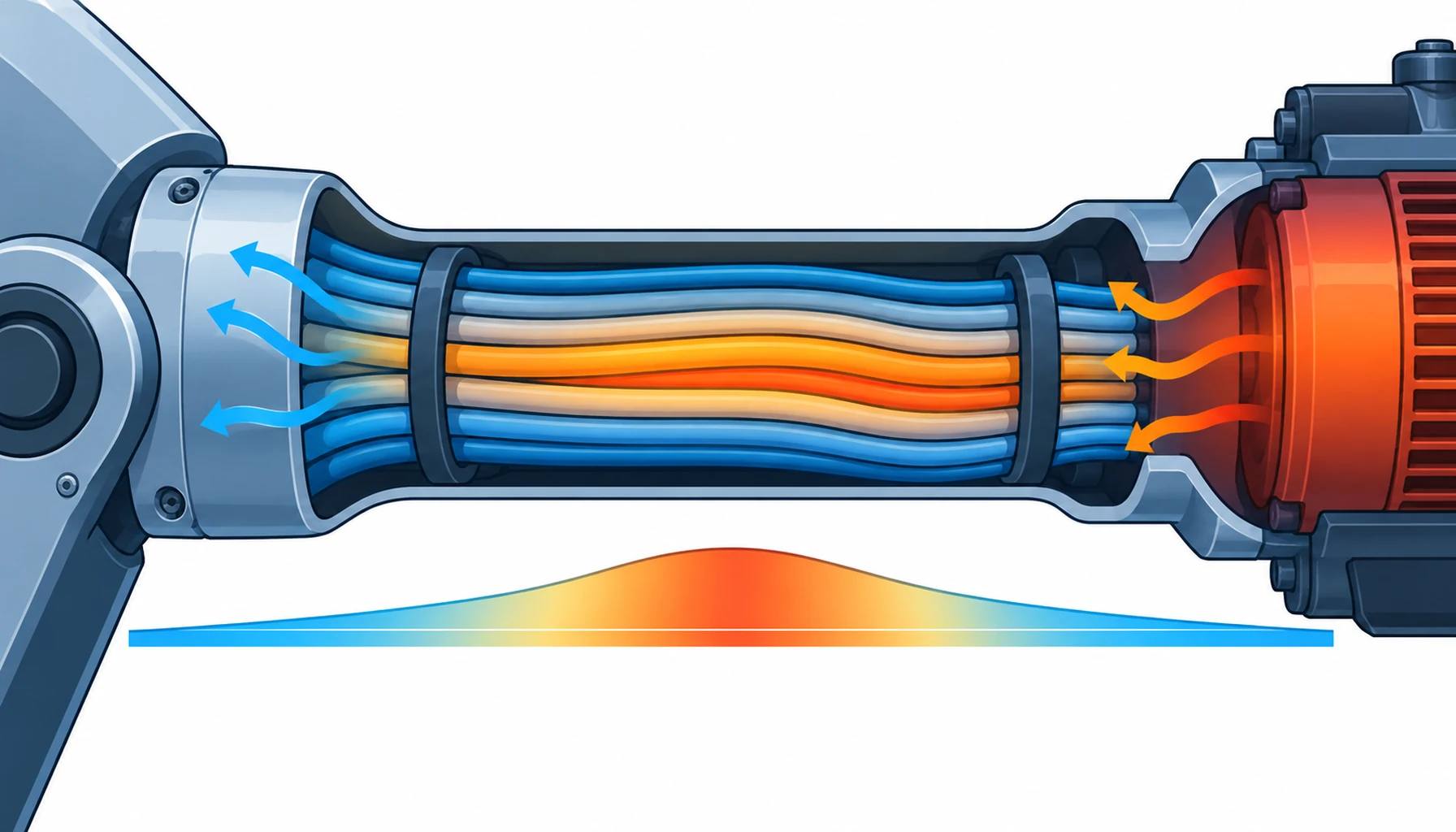 Flat infographic comparing five thermal management options for robot motor cables: a larger conductor, a higher insulation class, separating power and signal groups, a metal conduction path and a thermally conductive filler