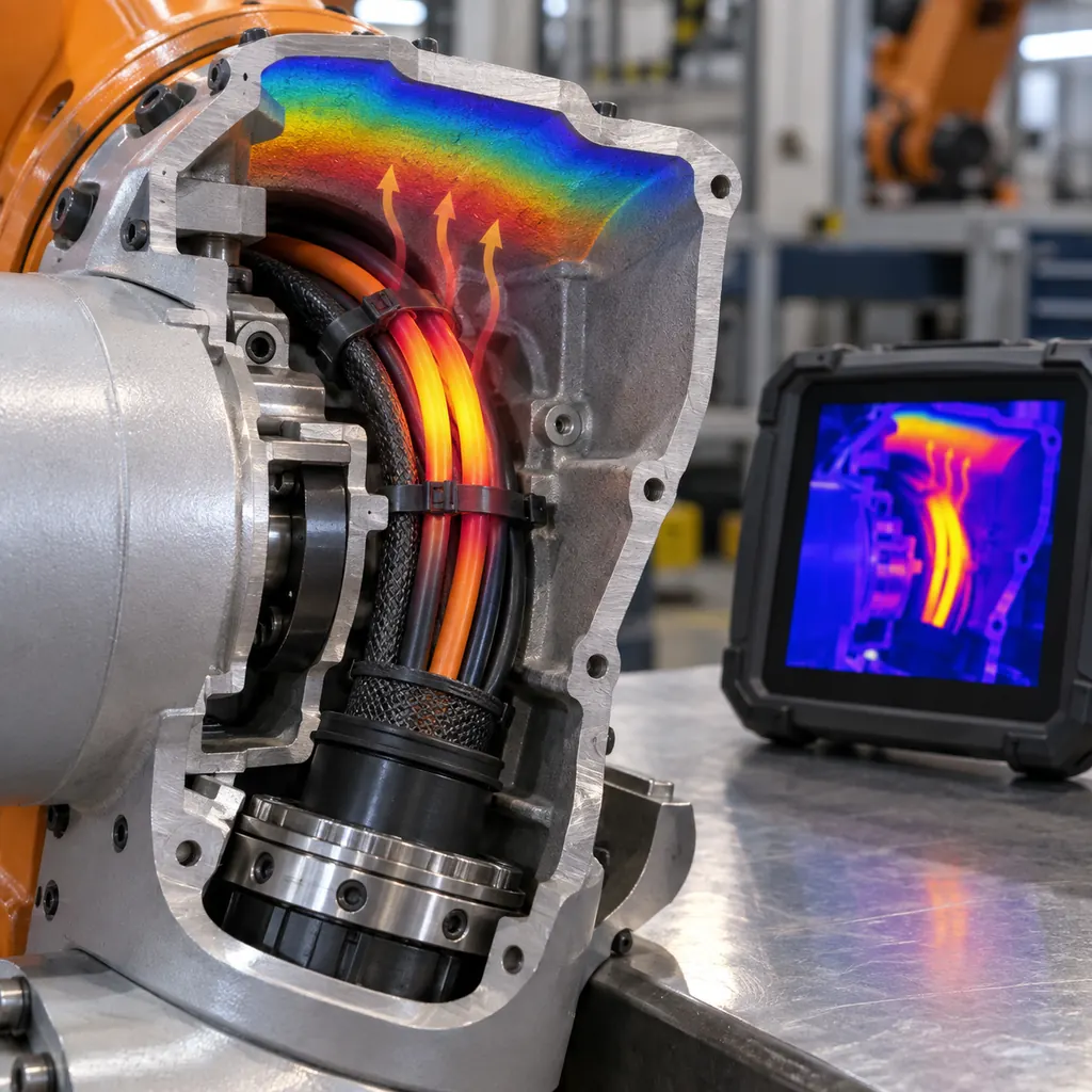Photorealistic scene: a cut-away of a robot link showing a bundled motor cable inside a sealed casting, heat rising from the conductors toward a metal wall, a thermal camera image beside it on a bench, clean industrial lighting, no readable text, no labels