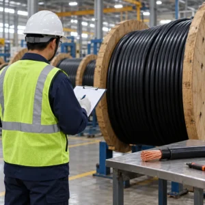 Third-party inspector examining cable drums on a factory floor with a checklist and a cut sample beside him