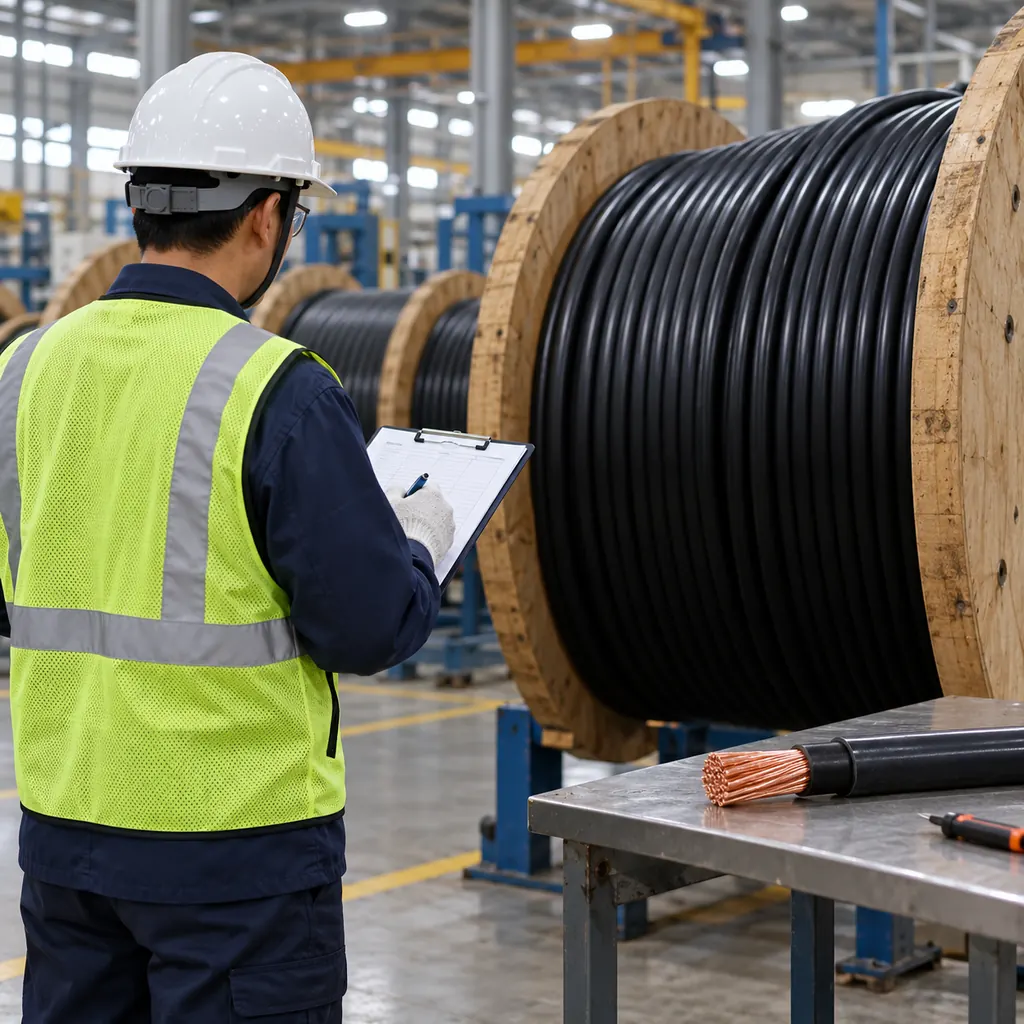 Third-party inspector examining cable drums on a factory floor with a checklist and a cut sample beside him