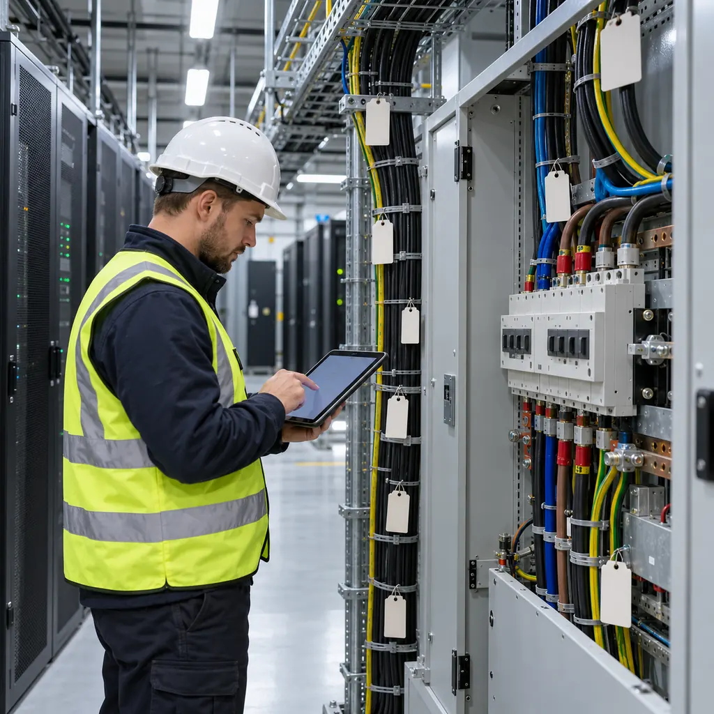 A commissioning agent in a high visibility vest inspecting cable terminations inside a data center switch room, writing observations on a tablet beside an open distribution board