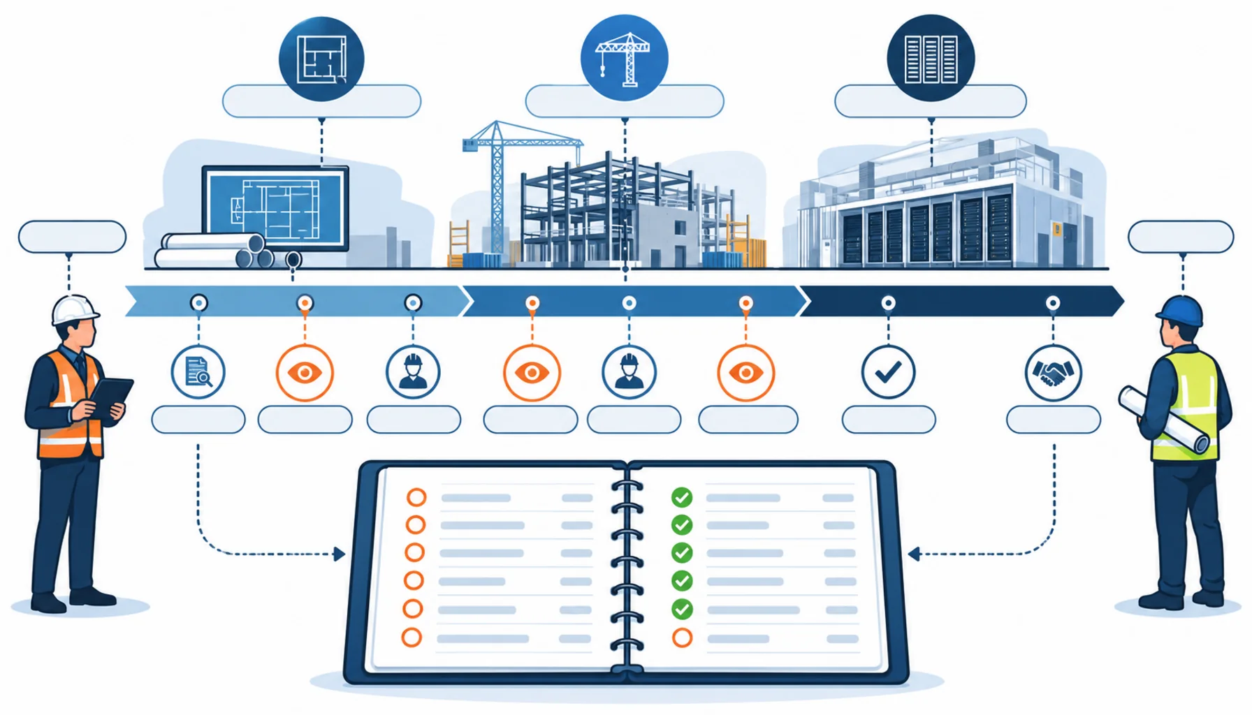 Flat infographic comparing four third party commissioning agent scope levels for a data center: witness only, witness with script review, design review with process ownership, and full commission including operational readiness