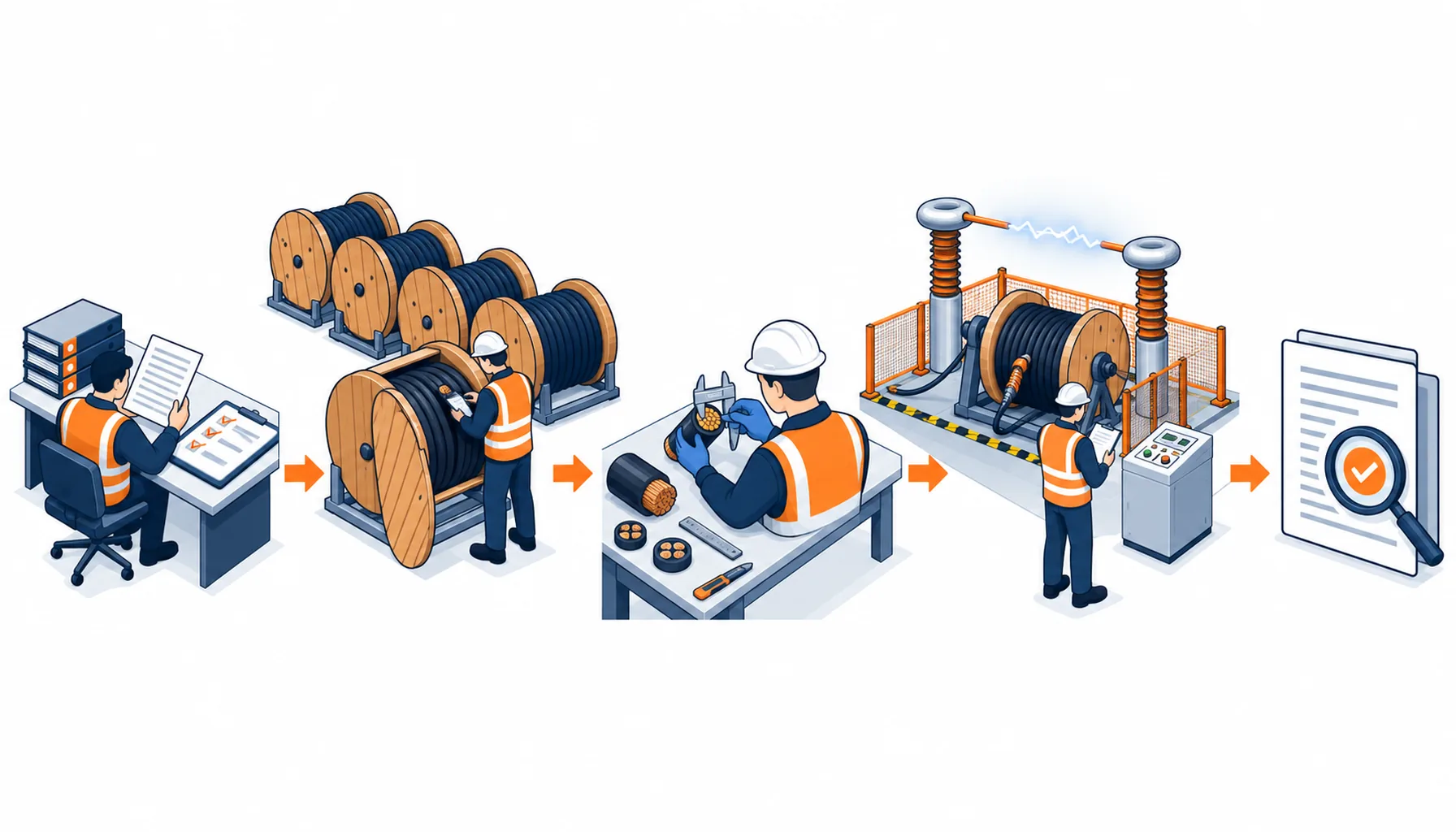 Isometric illustration of the inspection sequence from document check through drum identity and cut samples to witnessed testing and report