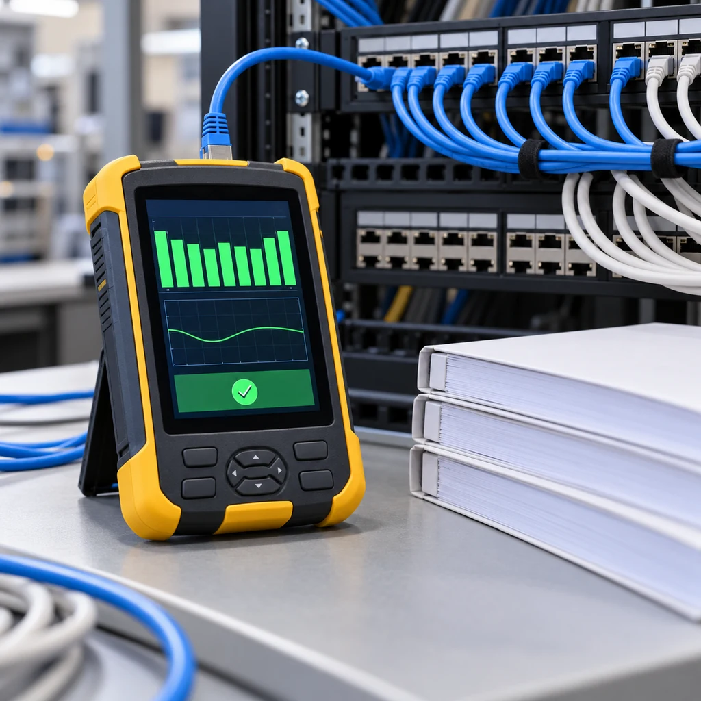 A field tester displaying a passing permanent link result beside printed cabling standard documents