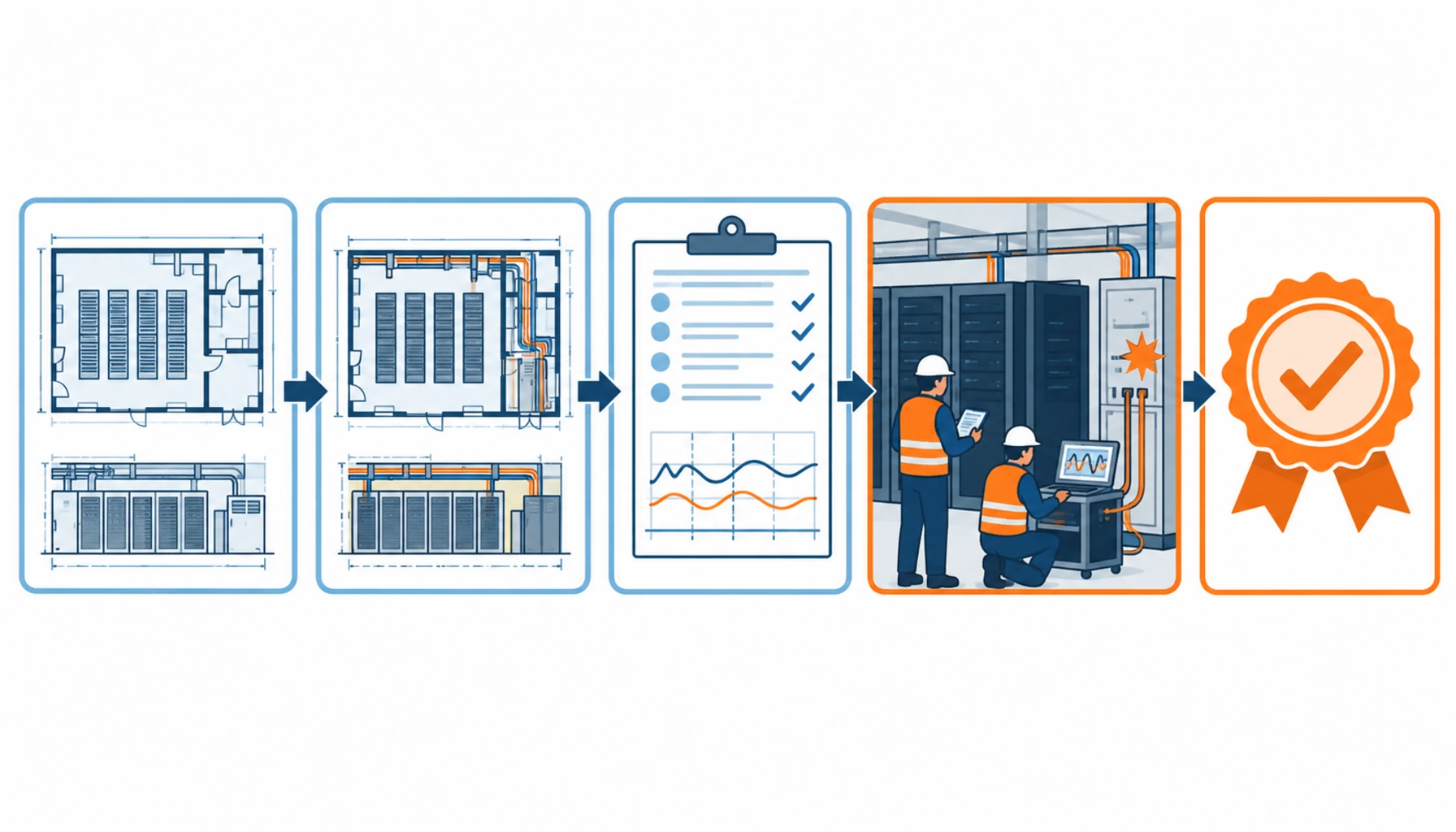 Flat infographic comparing five data center certification evidence paths: contractor self certification, commissioning agent witnessing, third party certification audit, tenant specified audit and no formal path