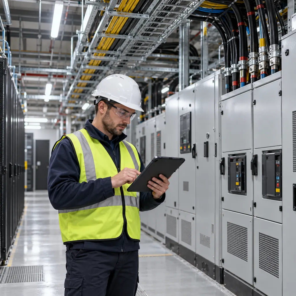 A commissioning engineer reviewing a test schedule on a tablet in a data center white space, with switchgear and cable terminations visible in the background