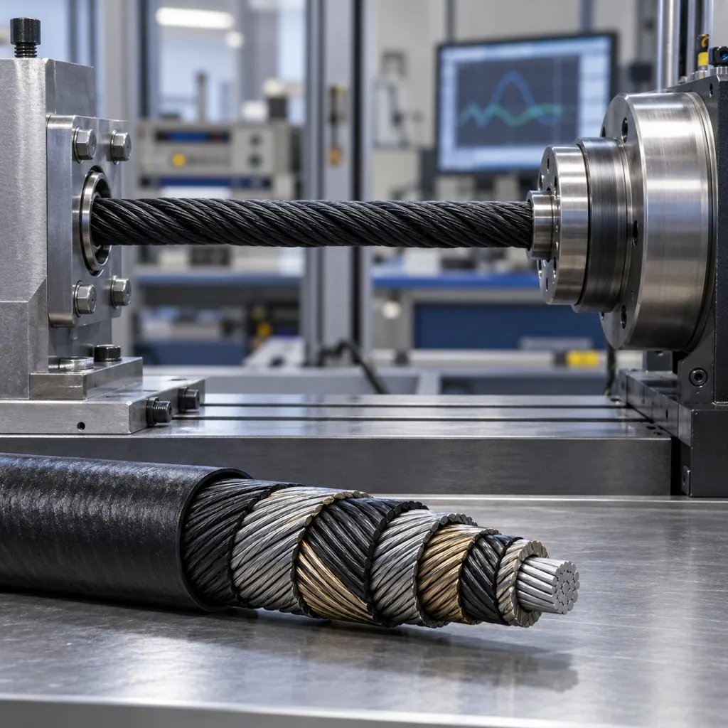 A torsion cable clamped between two rotating fixtures on a test bench with its layered internal construction visible in a cutaway sample