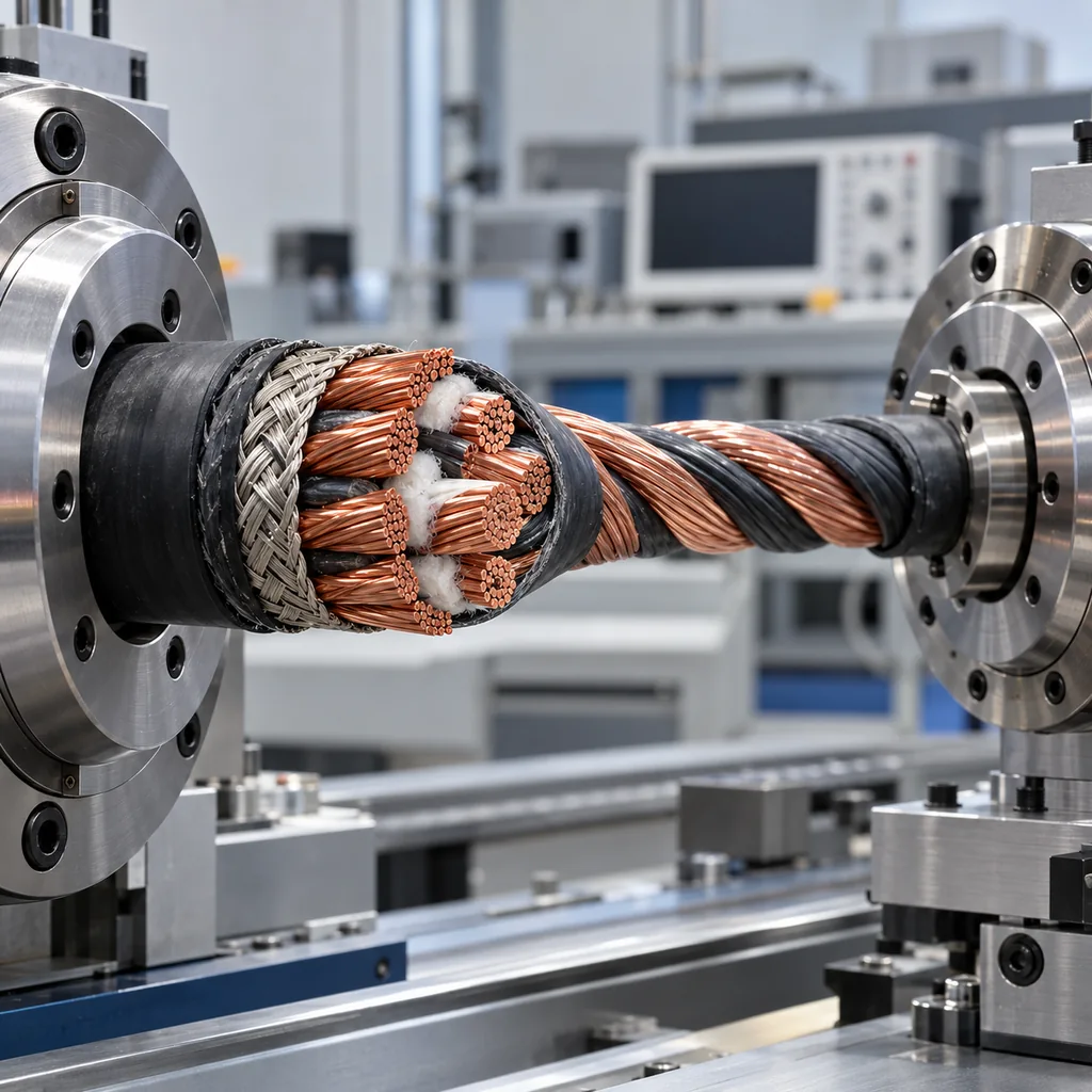 A torsion cable being twisted on a test rig, its layered construction visible in the cut end, mounted between two rotating fixtures