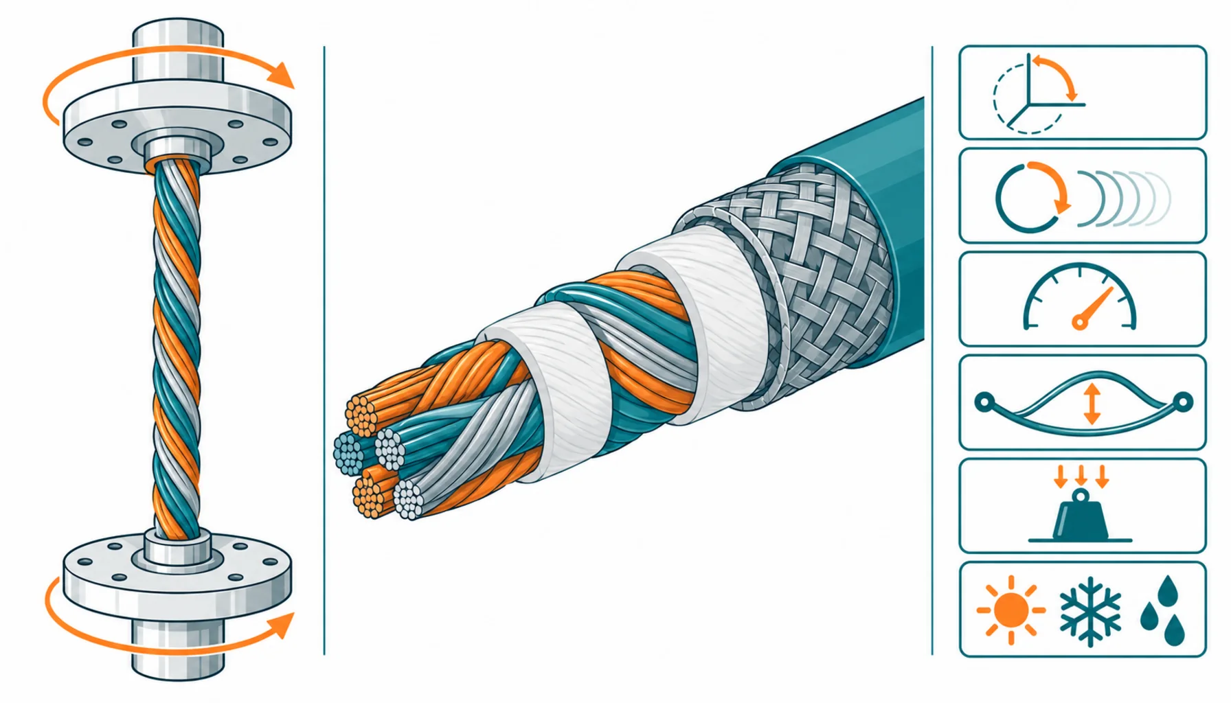 Flat infographic of a cable being twisted between two rotating fixtures with its long lay layers shown in a cutaway beside a duty check panel