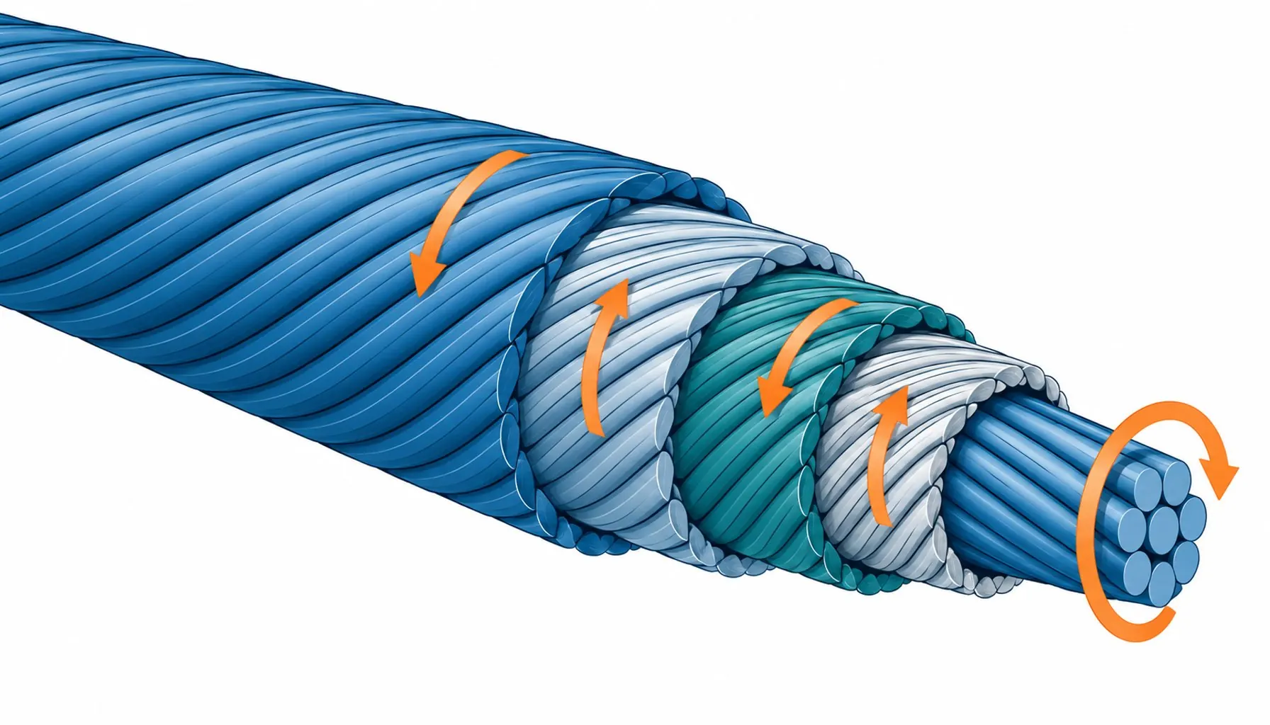 Flat infographic of a cable cutaway showing alternating left and right lay layers around a center element with twist arrows