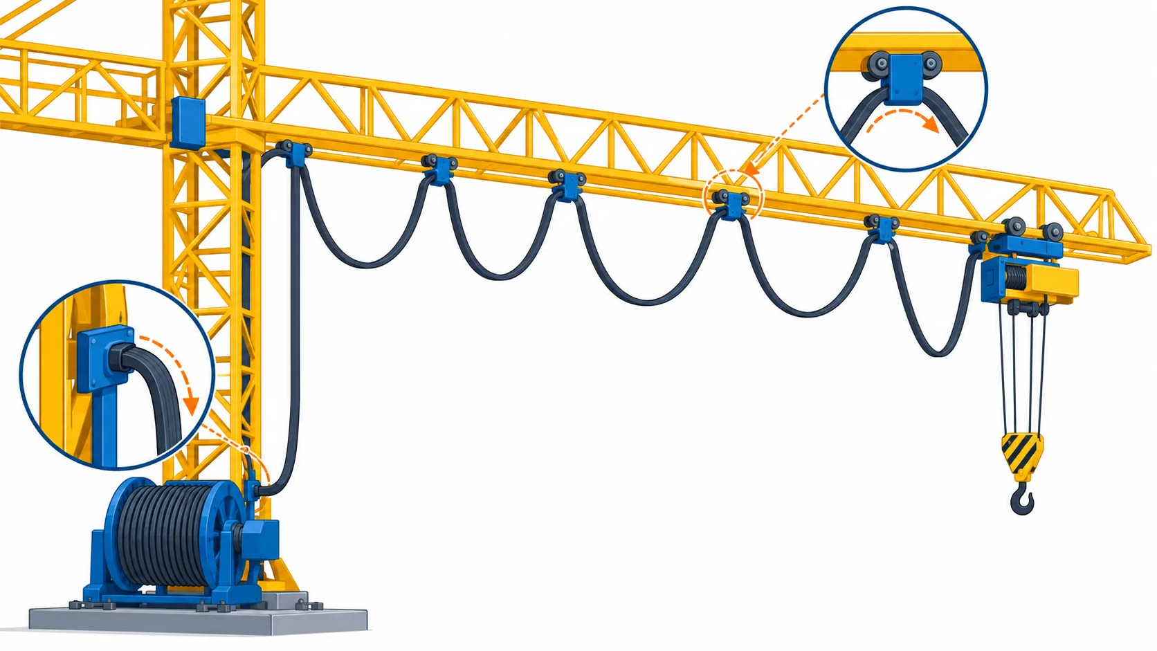 Flat infographic of a tower crane cable duty map: the power reeling drum at the mast base, festoon loops along the jib, a hoist cage trailing cable, and the fixed wiring left grey, with bend radius markers at the drum entry and the trolley saddle