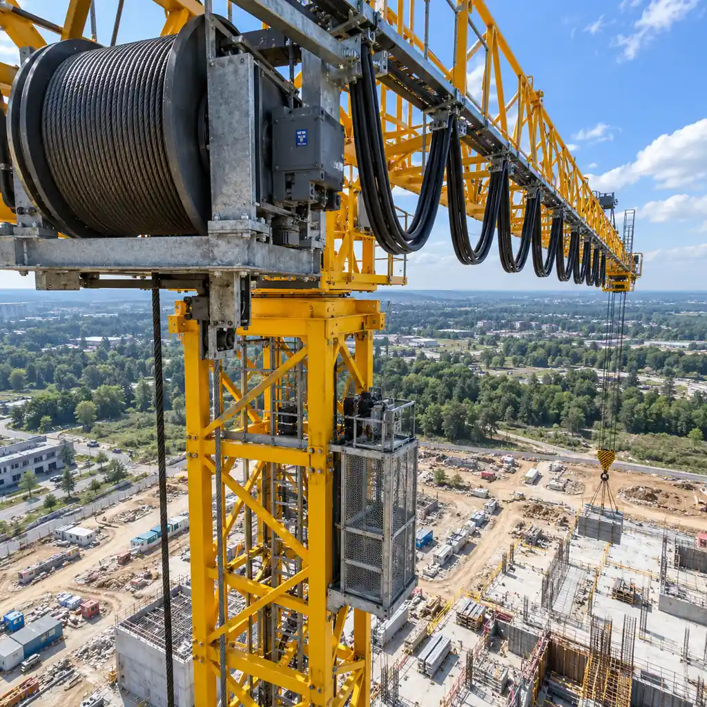 A tower crane mast with the reeling drum and festoon cable loops visible against the sky, a hoist cage on the mast and the site below, daylight, no readable text, no labels
