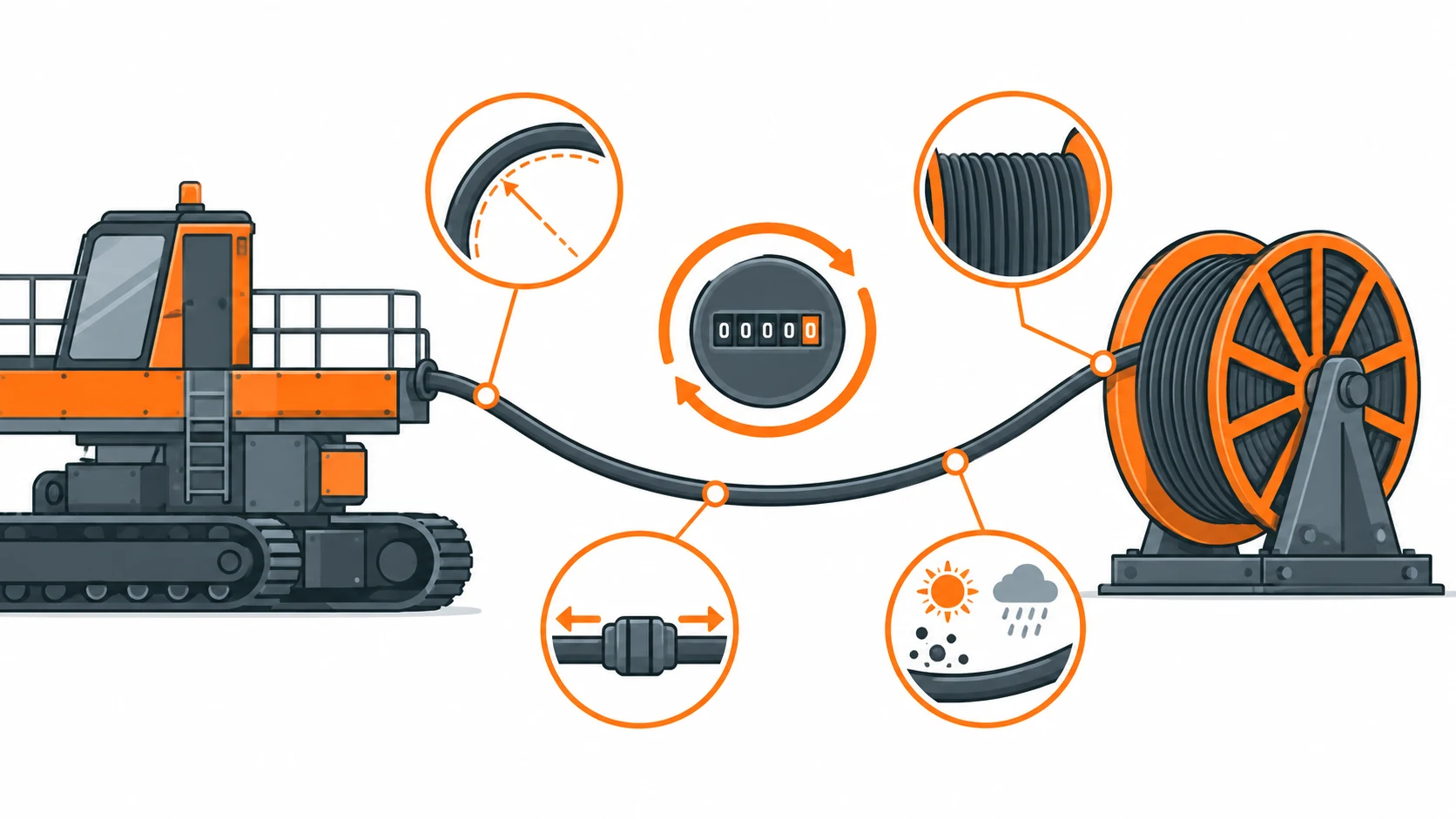 Flat infographic of the five factors that set trailing cable life, drawn as a machine on a reel with bend radius, winding pattern, tension and environment markers around it