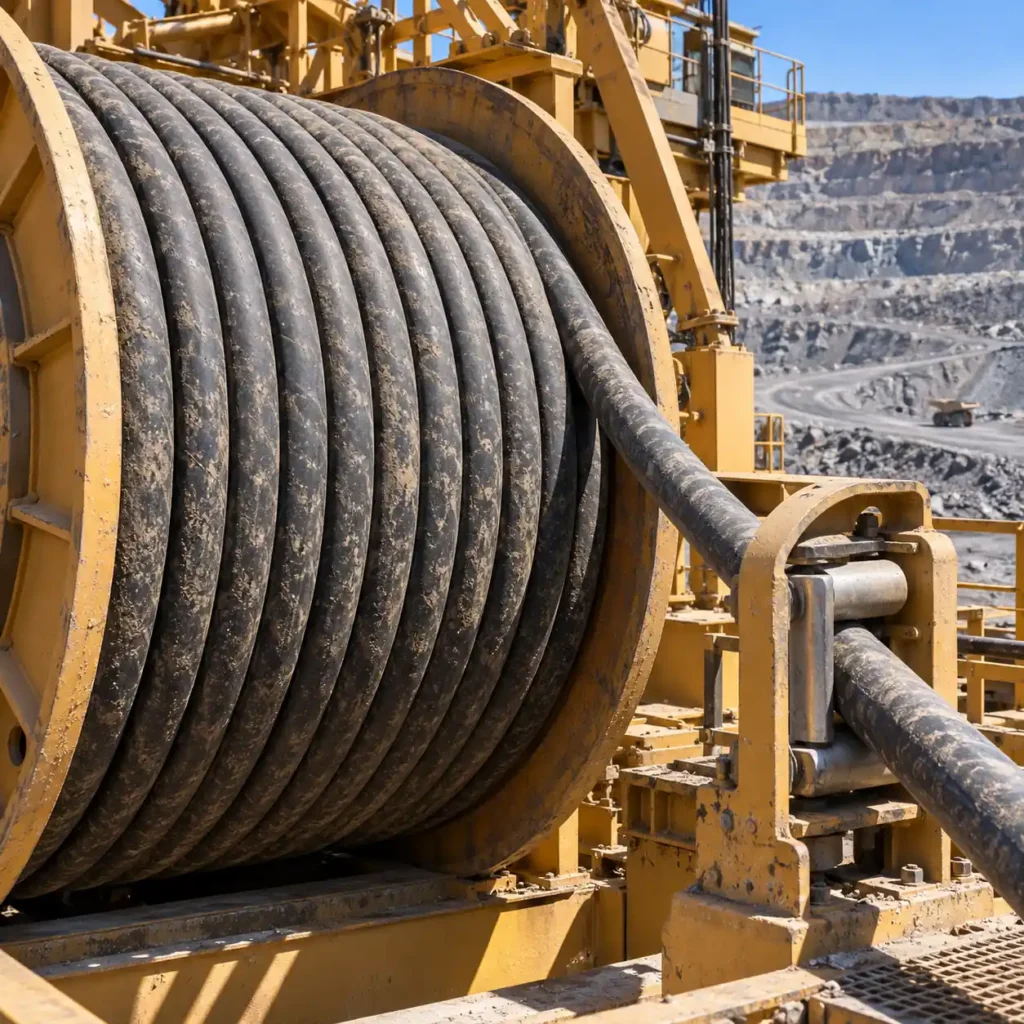 A heavy rubber trailing cable wound onto the reel of an open-pit machine, the outermost layer showing a spiral winding pattern, the machine entry guide visible beside the reel, dust on the cable, hard daylight, no readable text, no labels