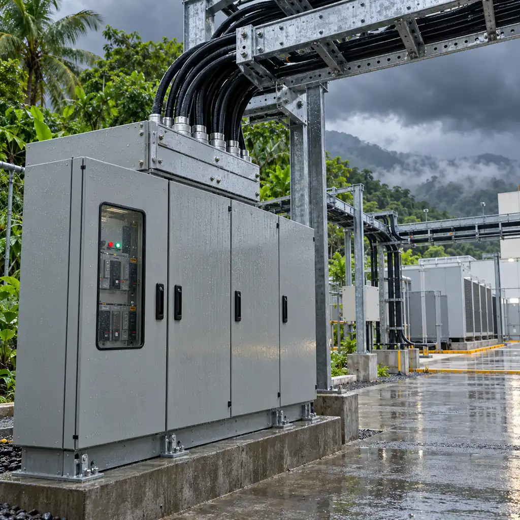 An outdoor switchgear enclosure at a tropical data center site with condensation on the door, cable trays on galvanised supports, fasteners and gland plates visible, rain clouds in the background, humid green vegetation, no readable text, no labels