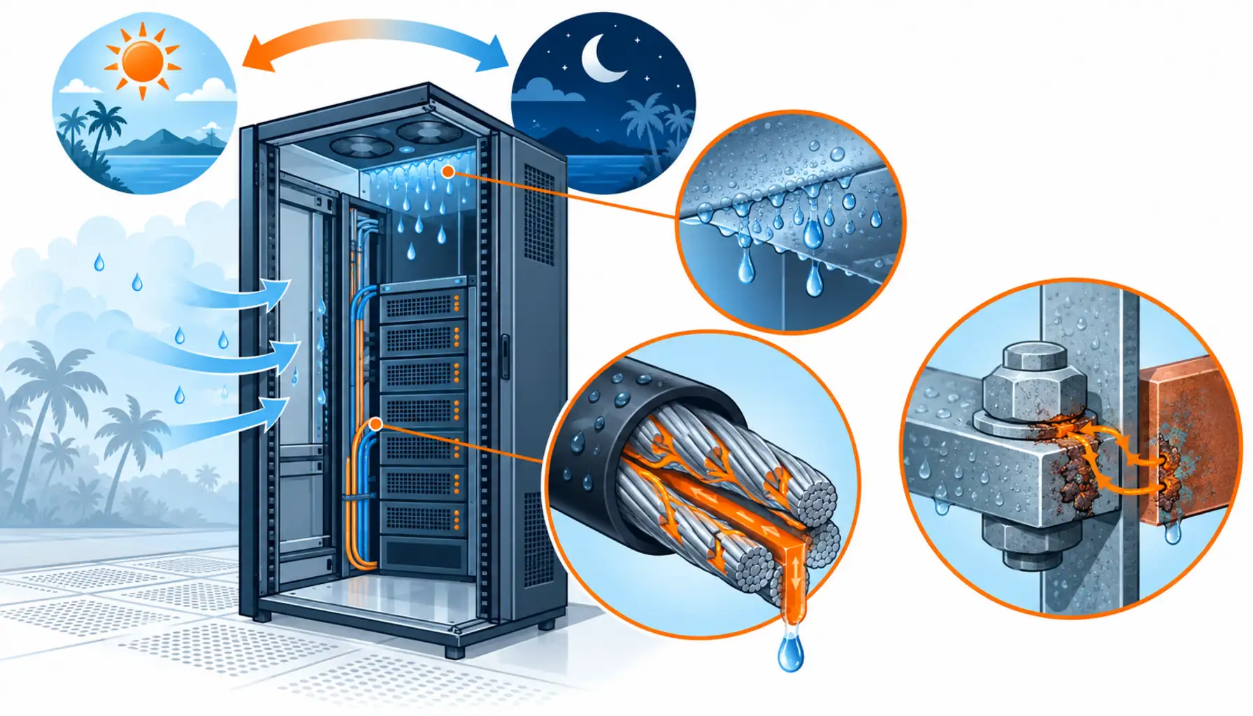 Flat infographic comparing four responses to a tropical environment for data center power equipment: water blocked cable with sealed ends, corrosion classified metalwork, enclosure climate control and routing the problem indoors