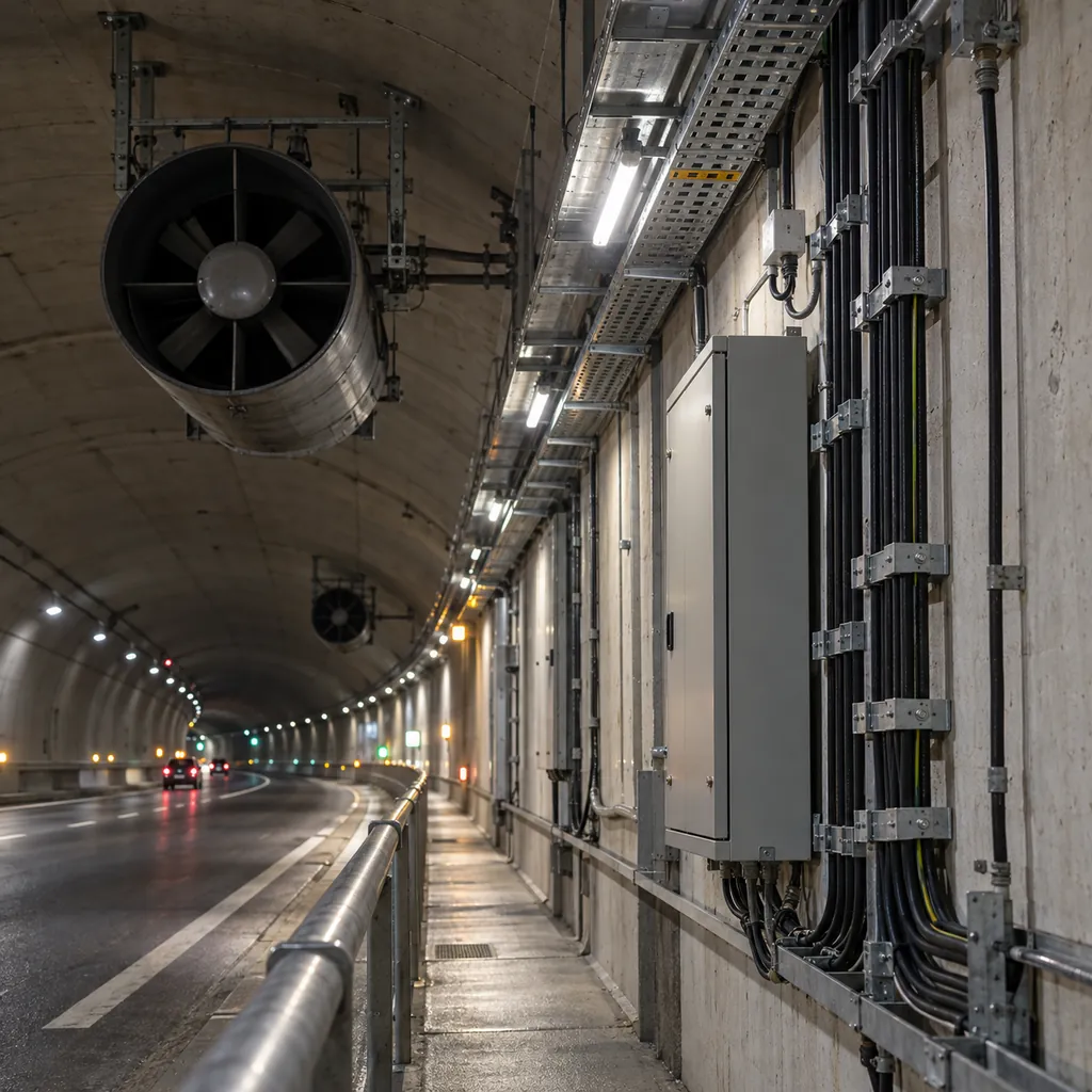 A road tunnel service walkway with lighting circuits in steel tray and a jet fan mounting point overhead, cables cleated along the wall beside a control cabinet, dim tunnel lighting, no readable text, no labels