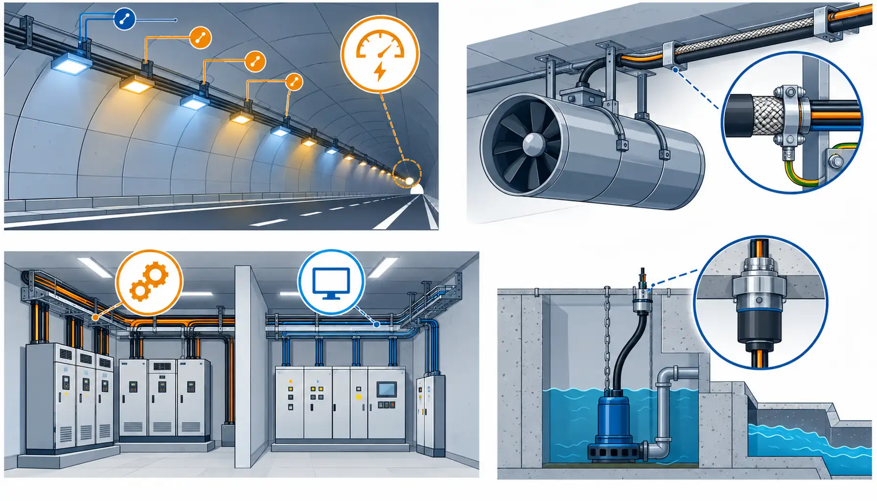 Flat infographic of a tunnel cable package: adaptation luminaires fed along the tunnel wall, a jet fan on a drive cable, a sump pump feed below a drainage channel, and a control cabinet at the portal