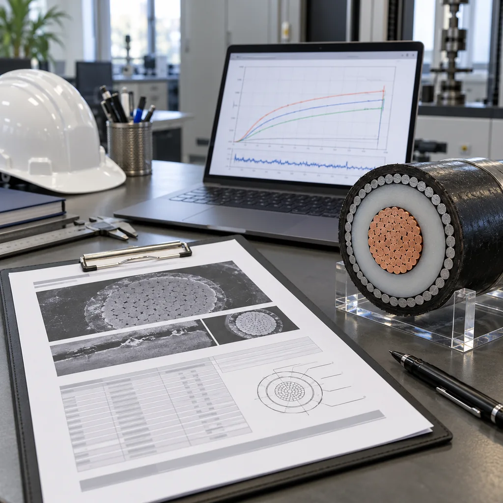 An engineering desk with a type test report open on a clipboard beside a cable cross-section sample and a laptop showing a test graph, no readable text, no labels