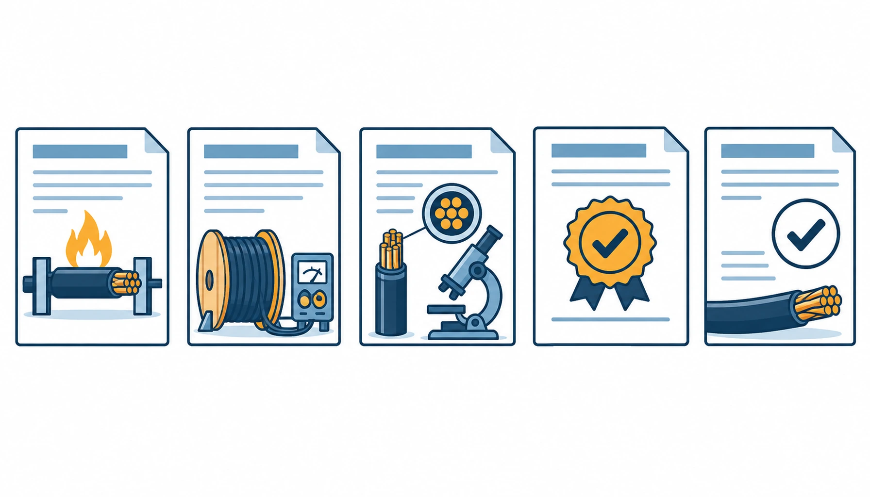 Flat infographic comparing cable test evidence types: type test report, routine test, third-party report, certification certificate and declaration of conformity
