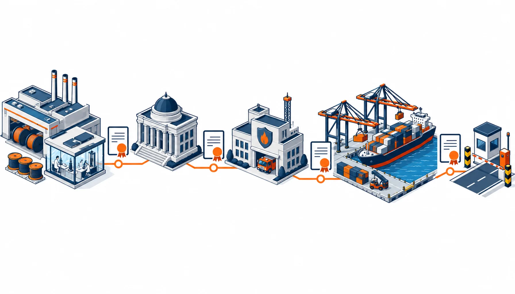 Isometric illustration of the two-layer UAE approval flow from factory testing through federal registration and fire authority listing to customs clearance
