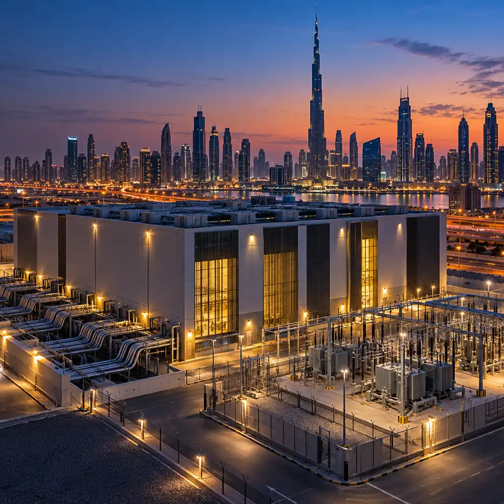 Dubai skyline at dusk with a data center facility and power distribution infrastructure