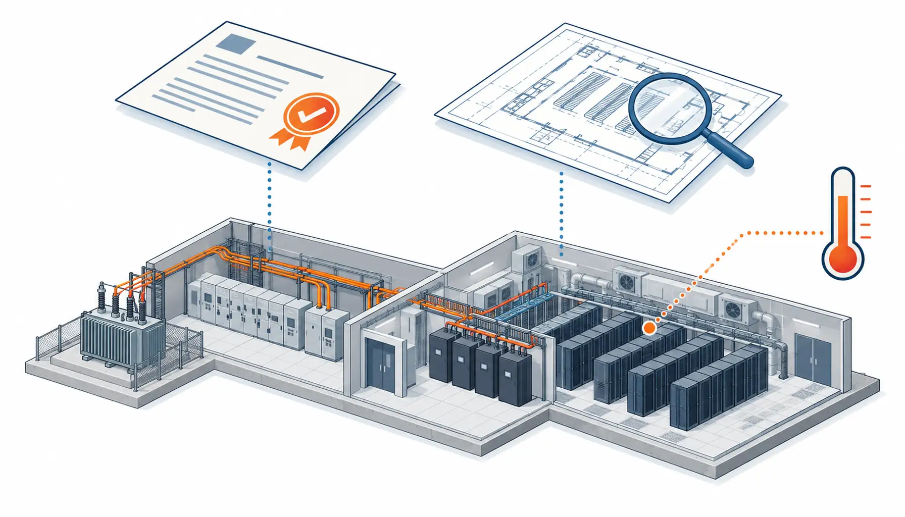 Isometric illustration of two approval layers above a UAE data hall with heat derating cues