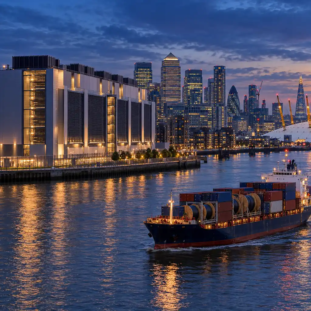 London docklands skyline with a data center facility and container ship on the Thames