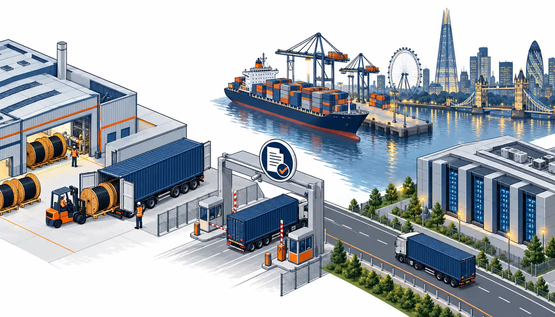 Isometric illustration of a container route from a cable factory through customs to a London data hall
