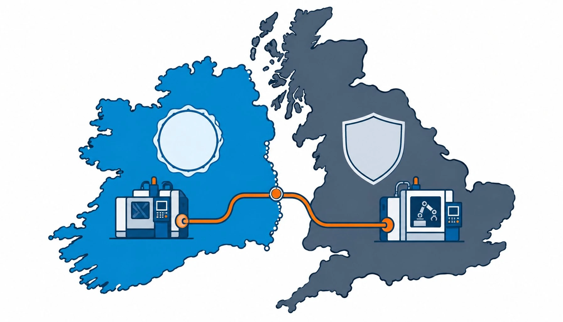 Flat infographic of two marking territories divided on one map outline, each with its own badge and a shared cable line