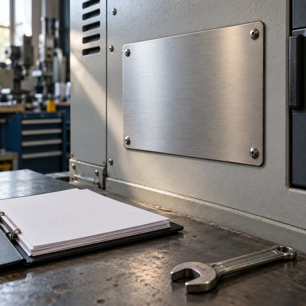 A machine nameplate showing a conformity marking beside a folder of English-language technical documents on a workshop bench