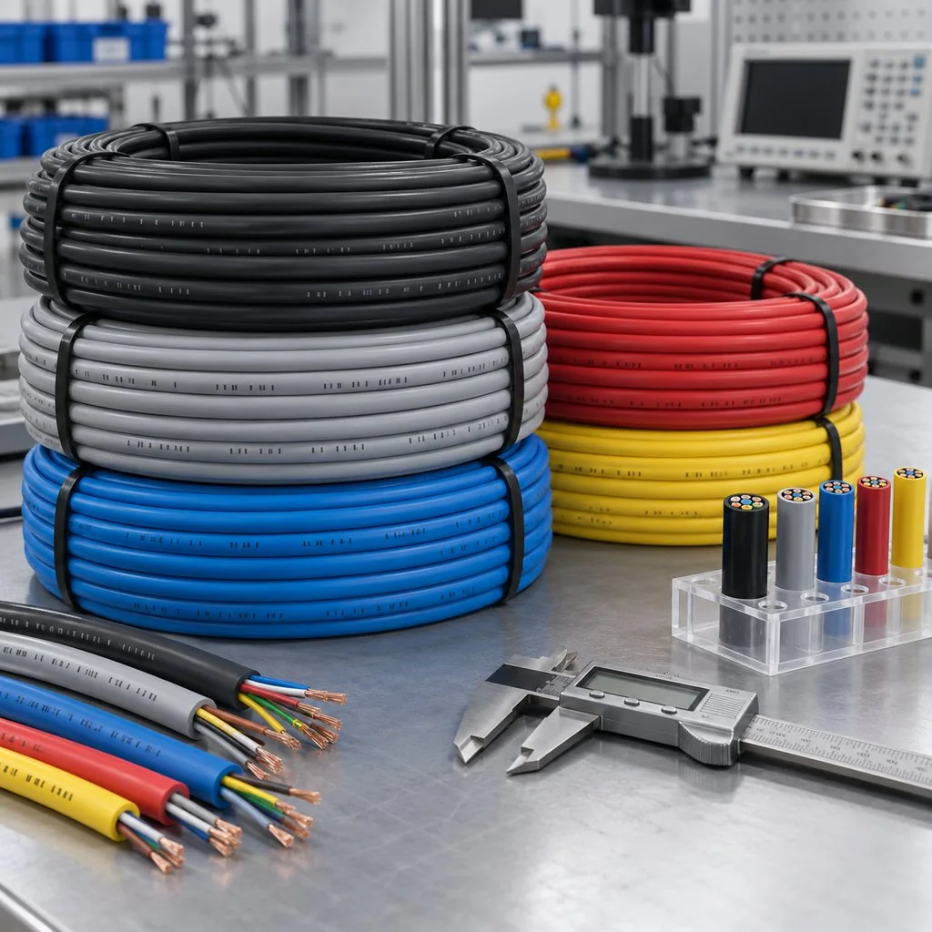 A stack of coiled multi-conductor flexible cables with printed markings on a workbench in a testing lab