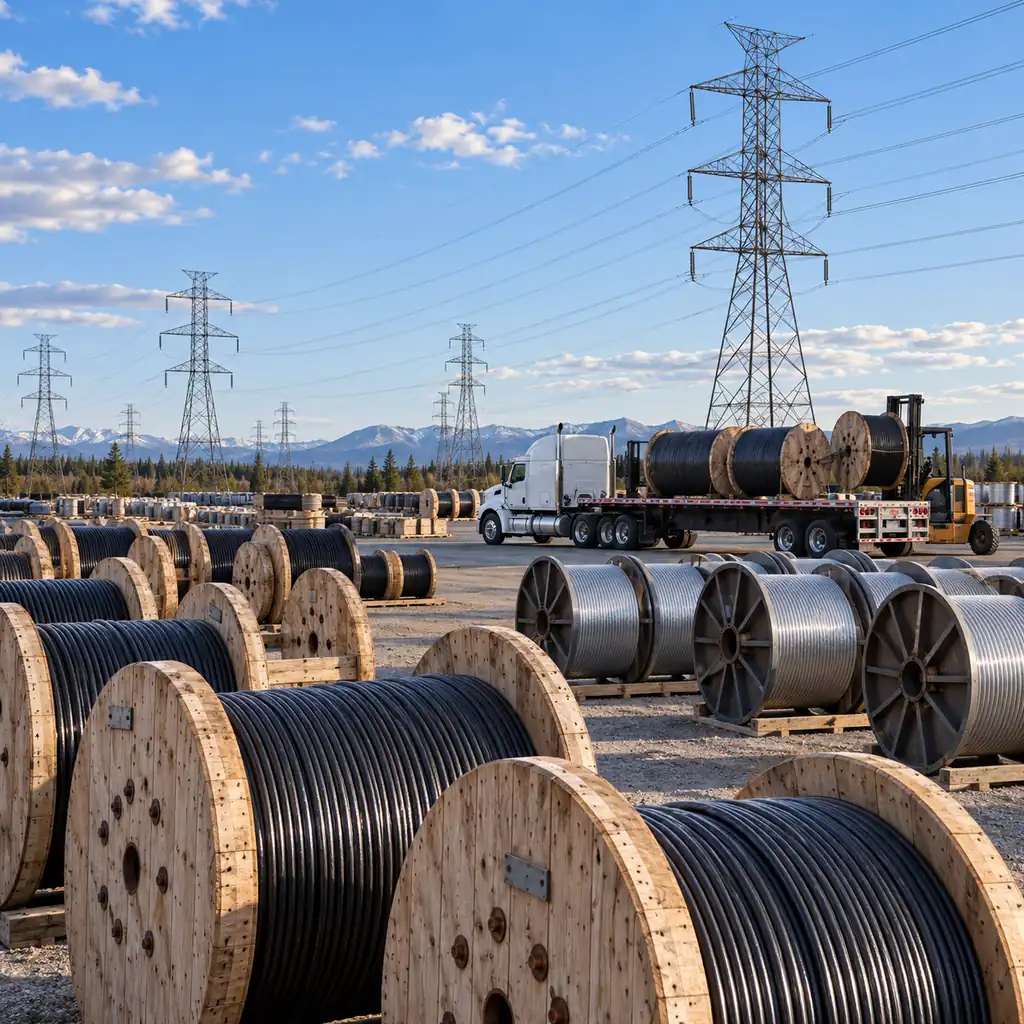 Cable reels at a North American distribution yard with high-voltage lines crossing the sky