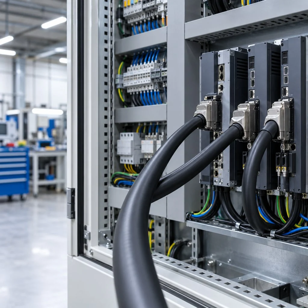 An open industrial control cabinet with flexible cable routed to servo drives, a UL marked jacket visible on the nearest cable run