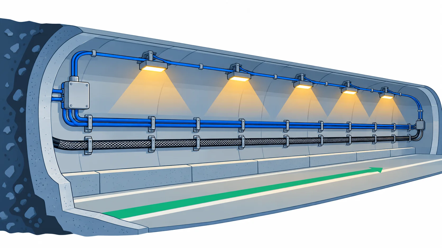 Flat infographic of an underground roadway cross-section: lighting luminaires on the roof, a screened communications cable and a lighting feeder on brackets along the wall, a junction box, and the escape route marked along the roadway floor