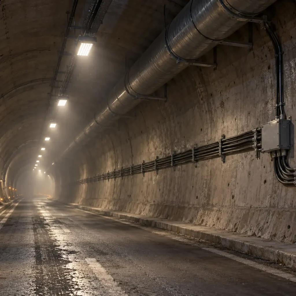 An underground roadway with fixed LED lighting units along the roof and cable on brackets running toward a junction box, ventilation duct above, dim tunnel lighting with dust, no readable text, no labels