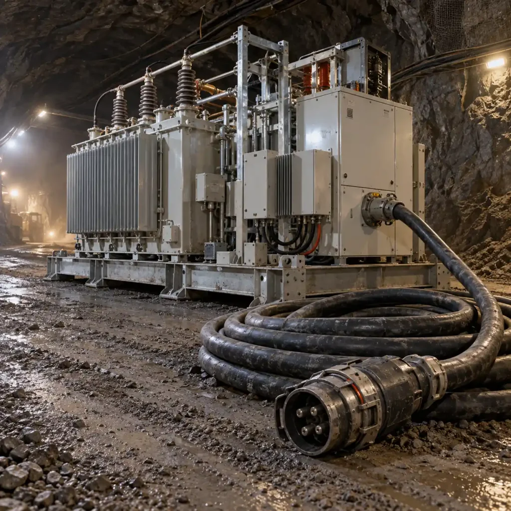 A skid-mounted mobile substation in an underground roadway with a heavy high-voltage rubber cable coiled beside it and a coupler at the cable end, dim tunnel lighting and rock walls, no readable text, no labels