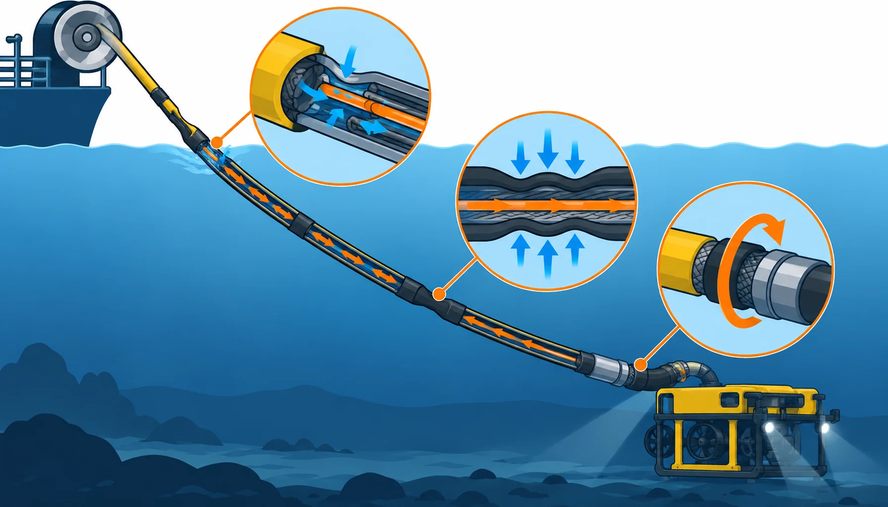 Flat infographic of subsea failure paths on an ROV tether: a cut sheath with water travelling along the core to a connector, a pressure arrow collapsing a jacket void at depth and a sheave bending the tether at the surface
