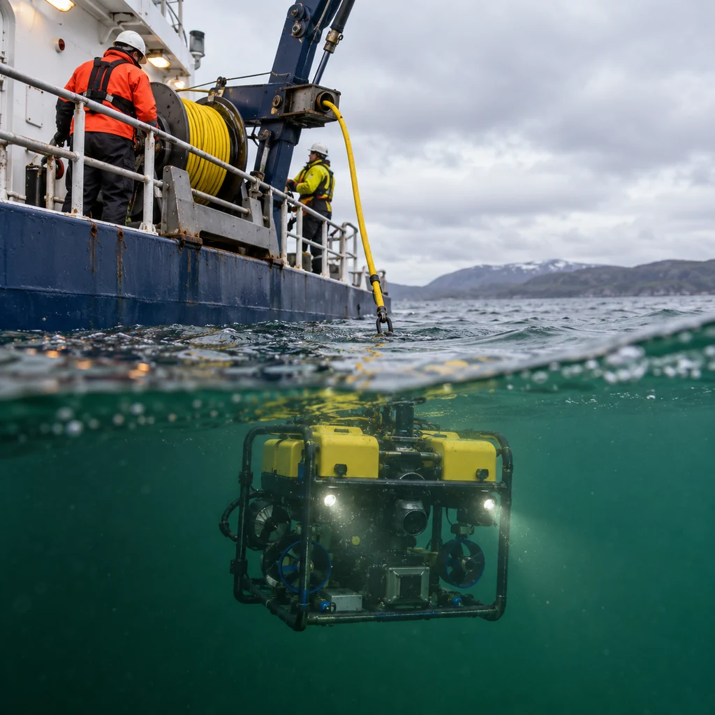 Photorealistic scene: a work-class ROV being launched from a vessel deck, its tether running from a winch over the side into green sea water, vehicle frame and thrusters visible below the surface, overcast marine daylight, no readable text, no labels