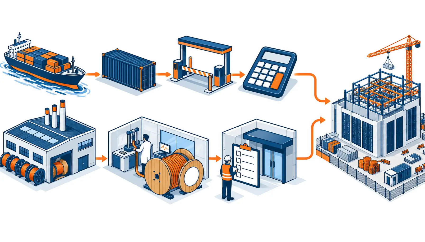 Isometric illustration of the two US gates from listing and code inspection through tariff-inclusive landed cost to a project site