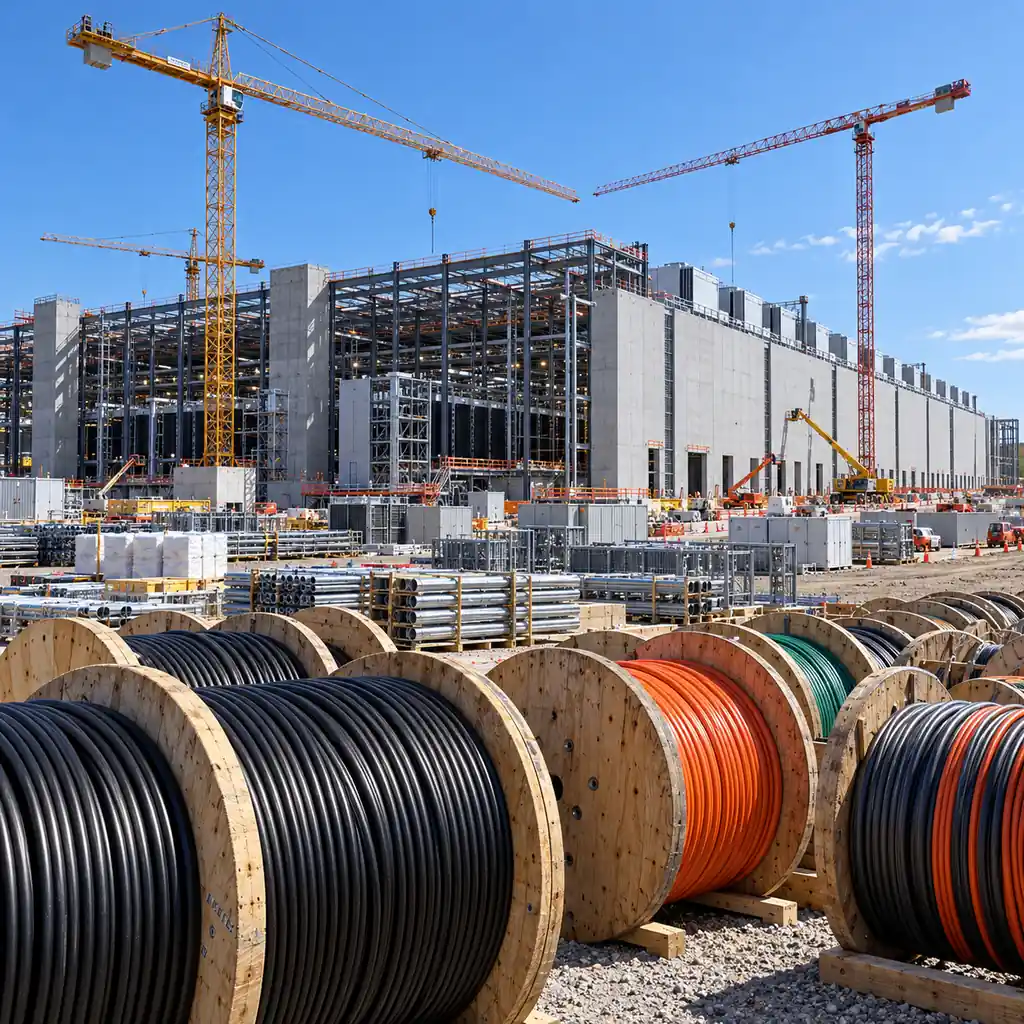American data center construction site with cable reels and tower cranes under a clear industrial skyline
