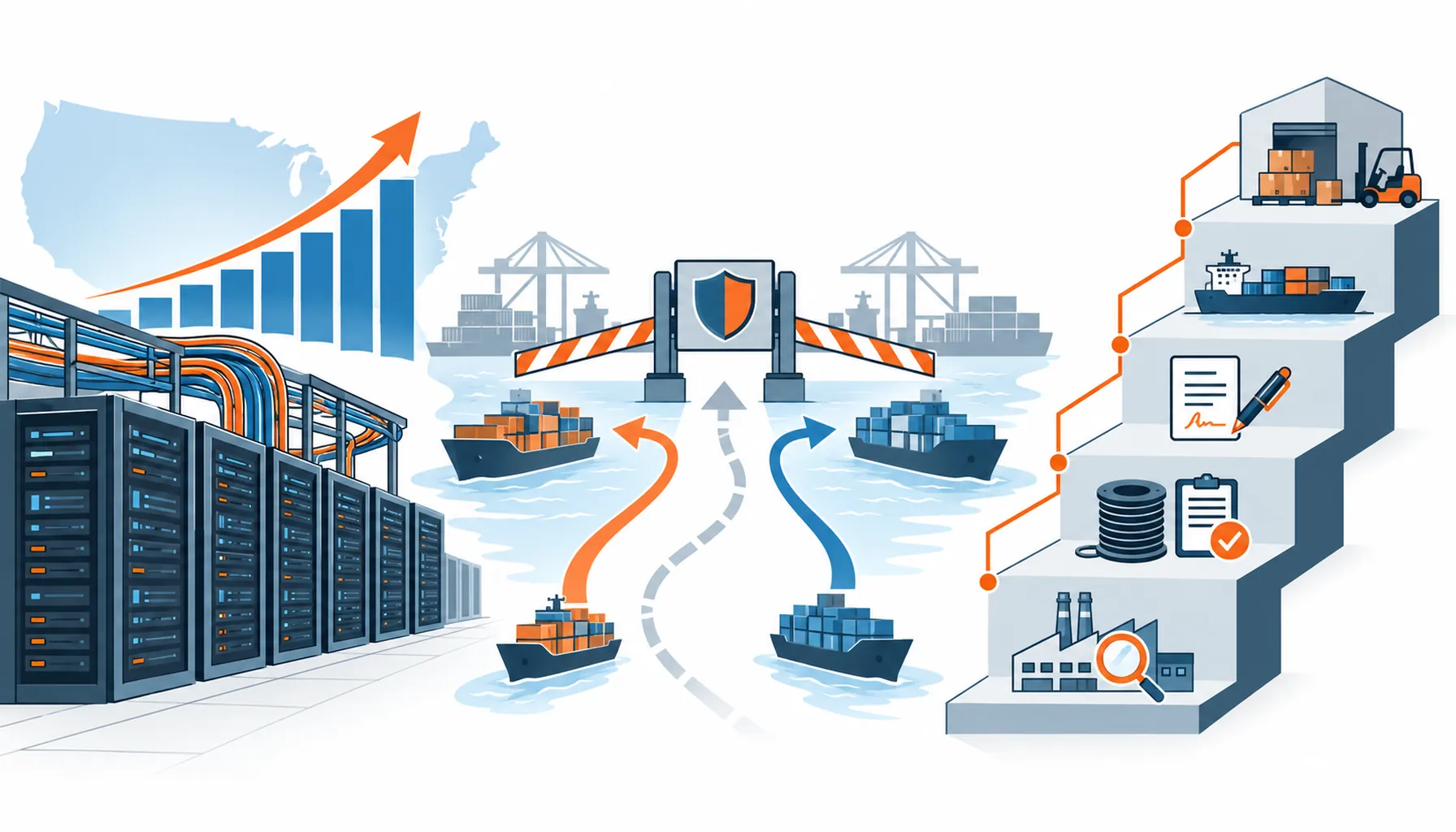 Flat infographic of the US cable supply squeeze with rising demand, a tariff gate and a five-step sourcing playbook