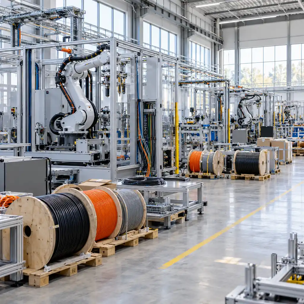 A newly commissioned American factory floor with several robot cells under construction and cable reels staged beside the machinery