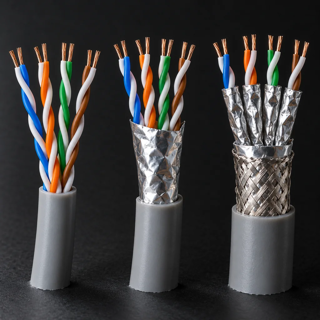 Three network cables in cross-section showing unshielded pairs, foil-wrapped core and individually screened pairs