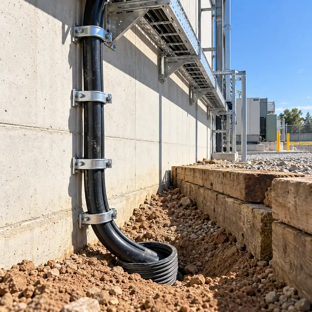 A heavy black sheath cable cleated along a sunlit outdoor wall near soil and timber, with a cable tray and a buried duct entry both visible in one industrial scene, no readable text, no labels